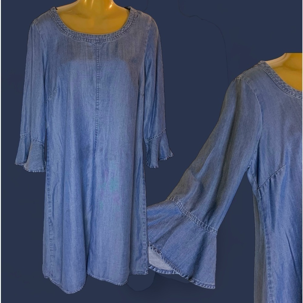 Denim bell sleeve short dress back zip lightweight flowy preppy classic 6